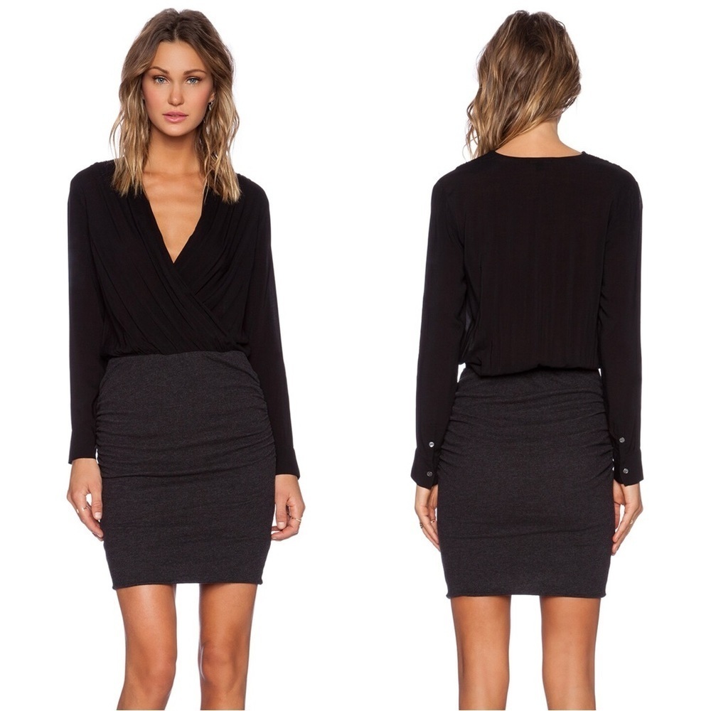 James Perse • Collage Wrap Mini Dress two tone black grey plunge surplice - Picture 11 of 11